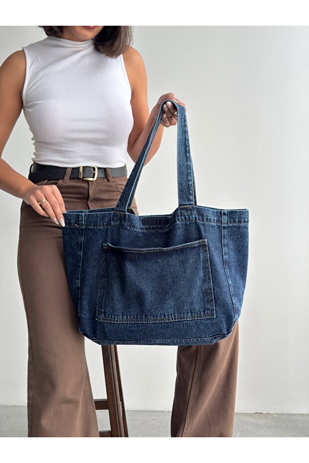 New Season Denim Jean Large Quality Shoulder Bag with Front Pocket. Length 38 Cm/ Width 52 cm