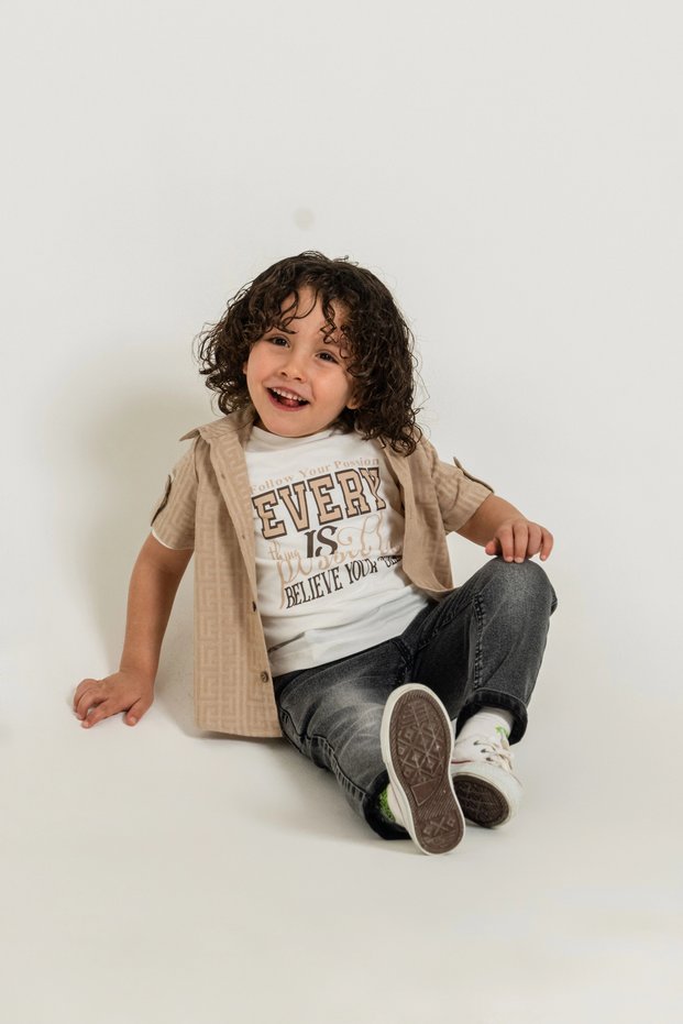 Boys' 3-Piece Premium Set - Patterned Shirt, 100% Cotton T-Shirt, and Jeans with Adjustable Waist