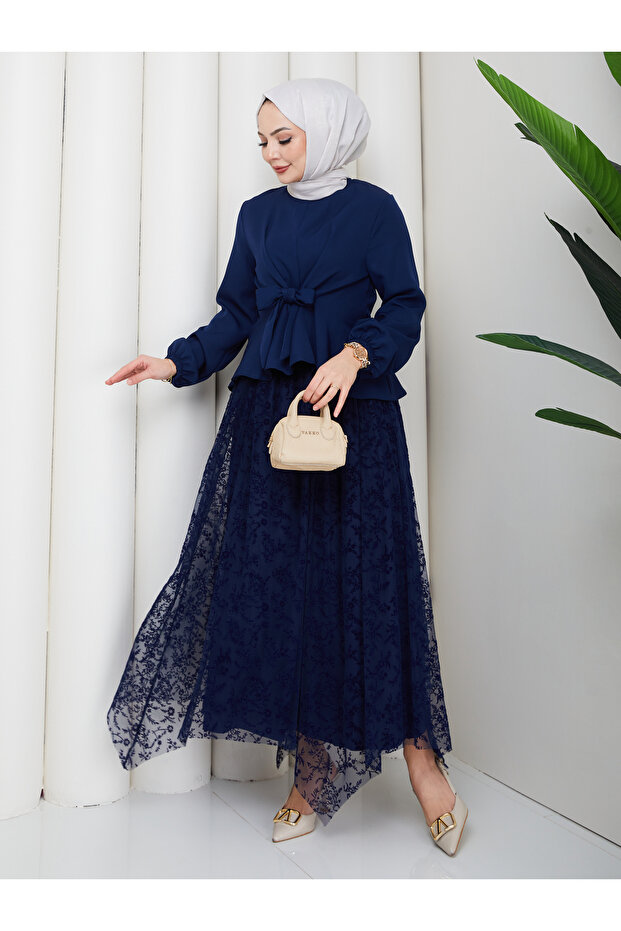 Women's Flock Patterned Tulle Skirt Set with Lining and Lace