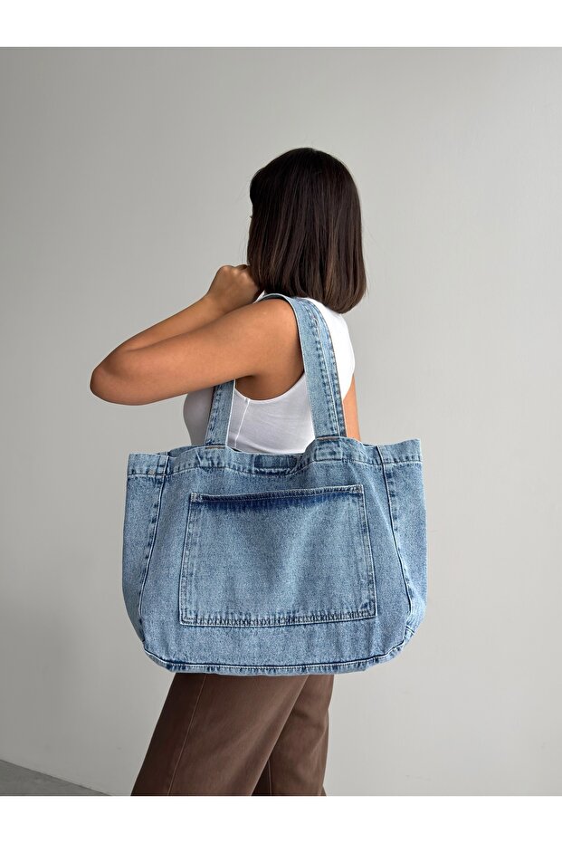 New Season Denim Jean Large Quality Shoulder Bag with Front Pocket. Length 38 Cm/ Width 52 cm