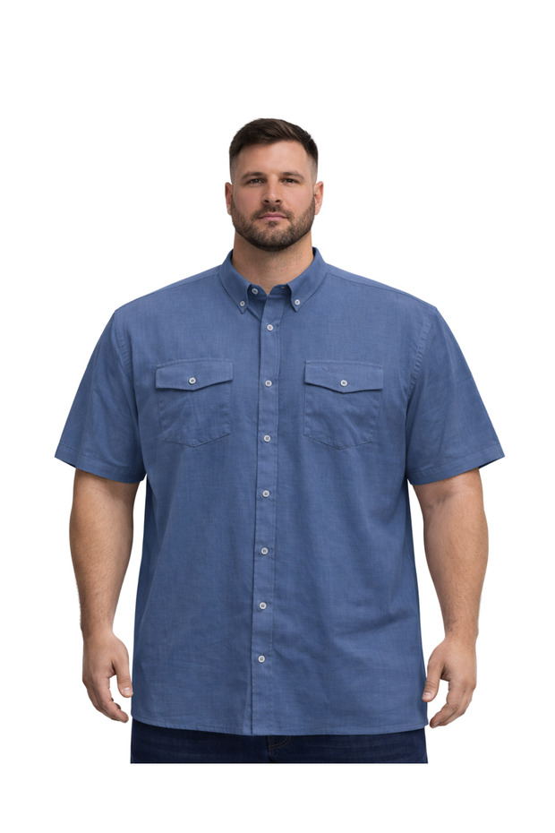 BattalModa Erkek Büyük Beden İndigo Çift Cepli Kısa Kollu Gömlek 3XL-4XL-5XL-6XL-7XL-8XL