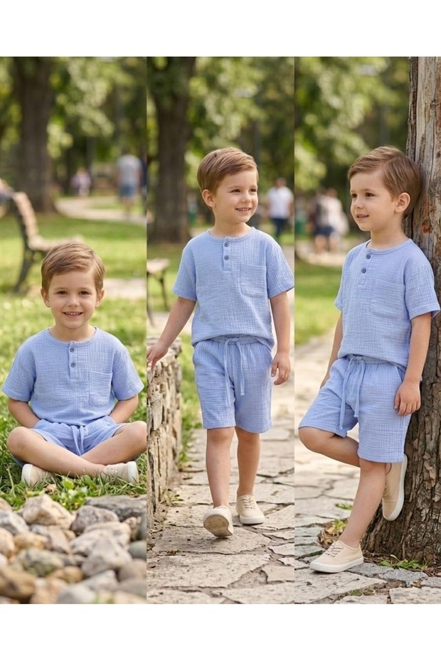 Boy's 100% Cotton Muslin Fabric 2-Piece Top and Bottom Set