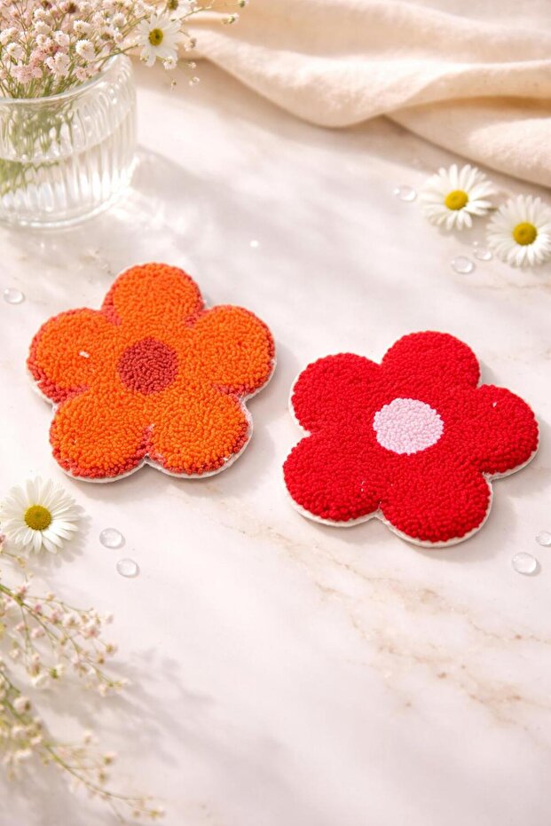 Handmade Punch Embroidered Set of 2 Daisy Coasters - Decorative Floral Table Accessory
