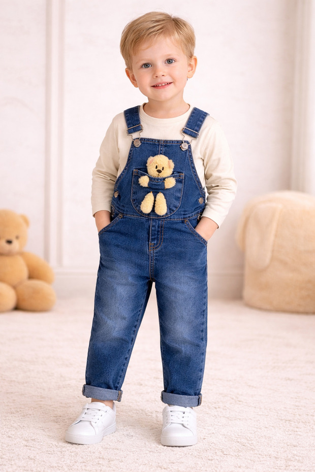 Teddy Bear Detailed Unisex Adjustable Lycra Denim Salopet – Blue (Swet Is Not Included)