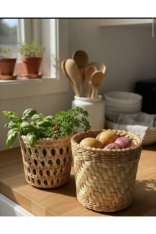 Wicker Basket Small Set of 2, Flower Pot, Vegetable Basket, Organizer, Bathroom, Kitchen, Garden Decoration Wicker Basket