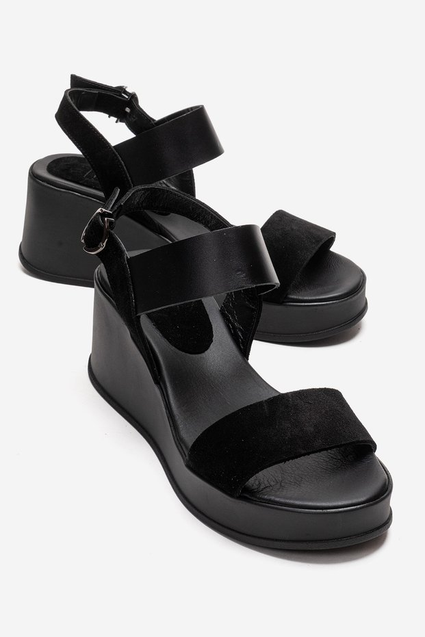 Lolanthe Black Skin Black Suede Genuine Leather Women's Wedge Heeled Sandals