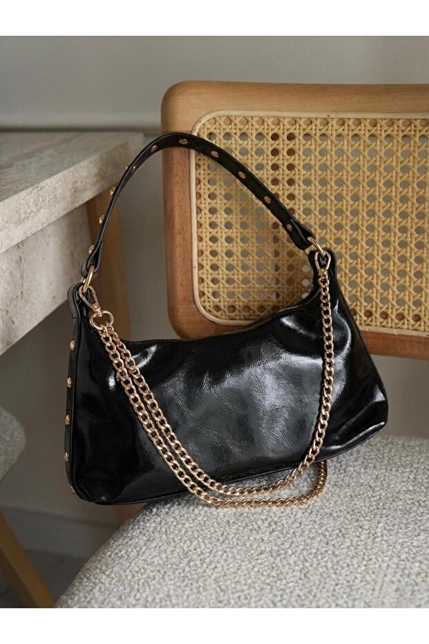 Patent Leather Baguette Bag - Wet Look with Gold Chain Detail