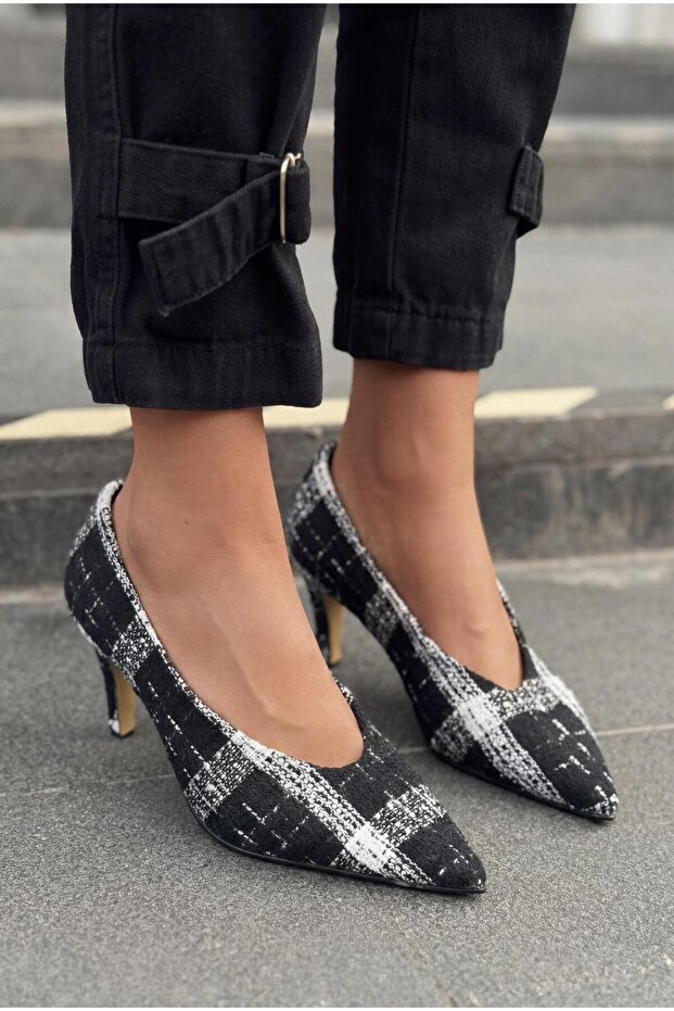Kairo Stiletto Black Tweed Fabric Plaid