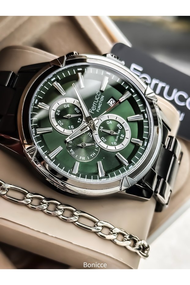 Men's Wristwatch, Smoke Steel Band, Green Dial, Functional Stylish in Box+ Chain Bracelet