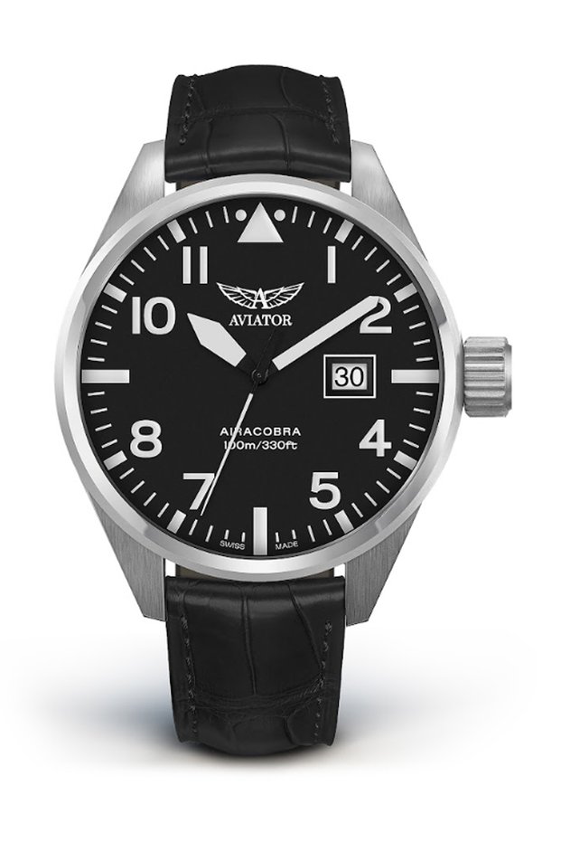 Airacobra V.1.22.0.148.4 Black Leather Cord with Calendar 42 mm Men's Wristwatch 10 Atm Water Resistant