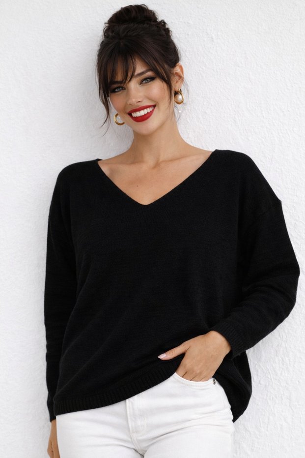 Women's Black V-Neck Knitwear Blouse Be283