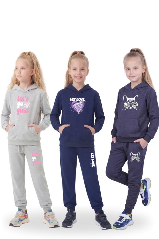 Girl's 3-Piece Tracksuit Set – Hooded, Printed, Sporty