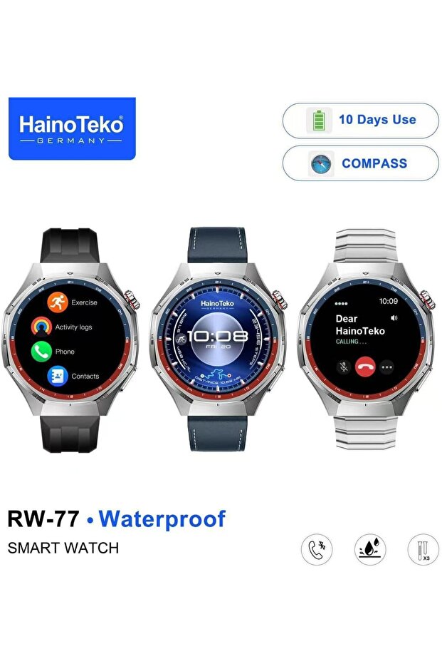 RW 77 Waterproof Smart Watch for Mens AMOLED Display BT Call with 3 Pair Straps