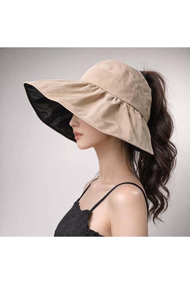 Women's Wide Brim Sun Hat with Ponytail Opening, Summer Visor Hat, Beige