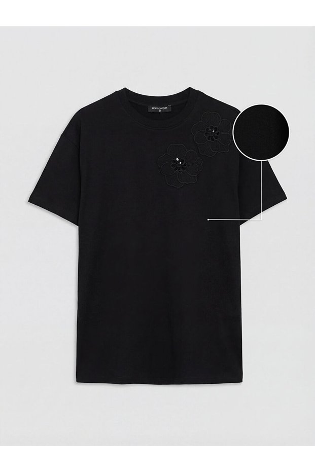 Lcw Comfortblack Crew Neck Women's T-Shirt with Floral Appliqué