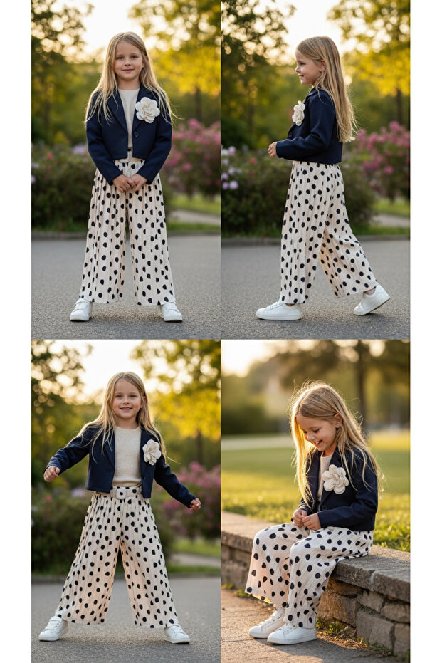 Gamzelim 3415 Girl's Polka Dot Short Jacket, Pants, Sweater and Necklace Set for Ages 6-7-8-9
