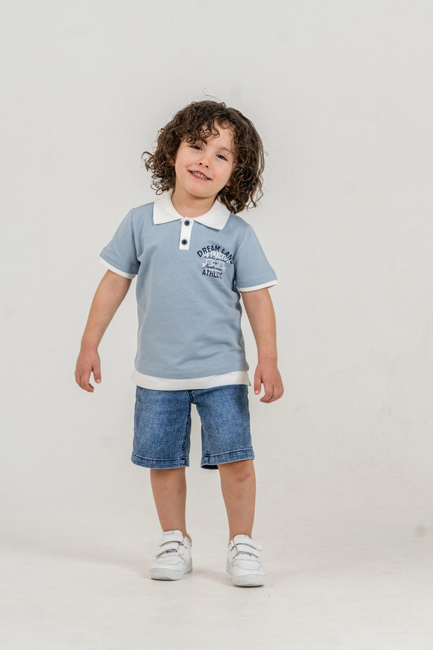 Boys' Dream Land Printed 100% Cotton Polo Neck T-Shirt and Denim Shorts Bottom Top Two-Piece Set