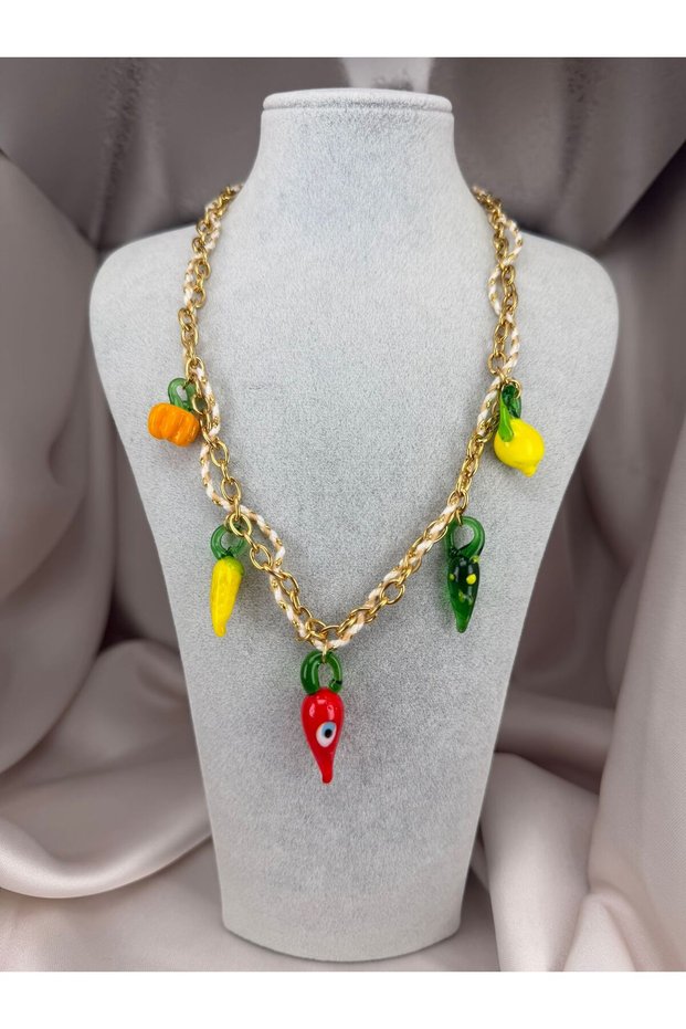 Colorful Pepper Figured Chain Necklace – Fun Design with Evil Eye Bead Detail Women's Necklace