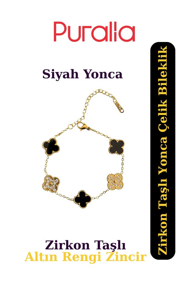 Black Clover Steel Bracelet with Zircon Stone - Golden Yellow Chain