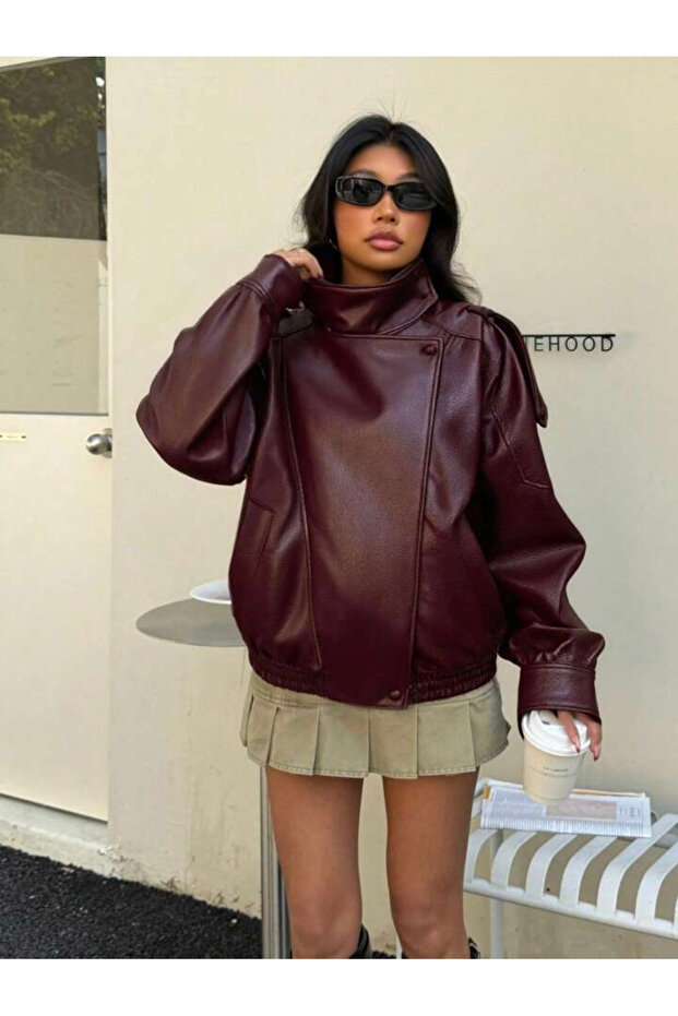 Viral Oversized Women's Leather Jacket High Collar Black Urban Style Women's Leather Jacket