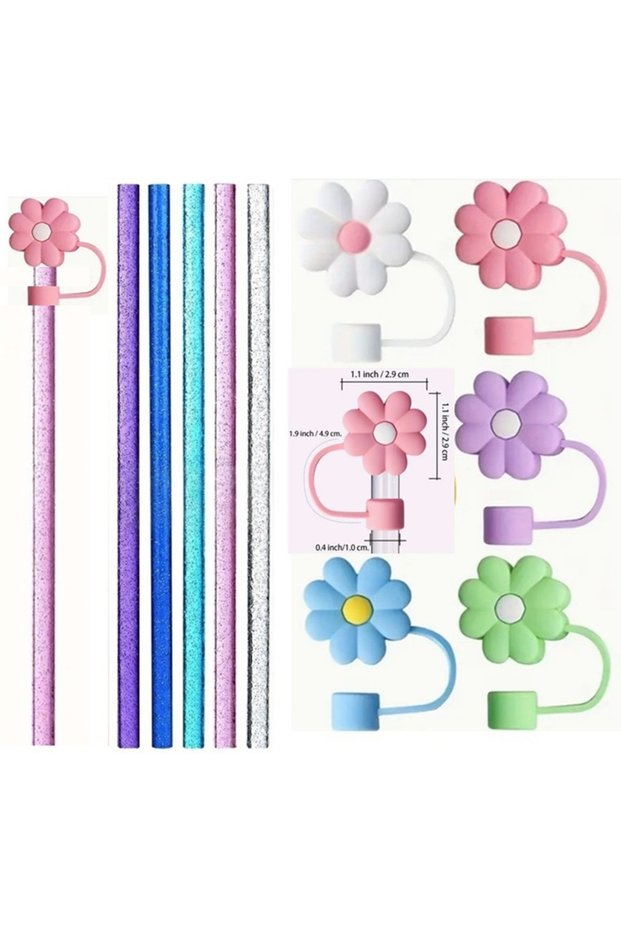 1 Piece Stanl. 40 oz Tumb. Glittery Straw and Floral Cap Stopper for Thermos, 30.5cm Length/10Mm Diameter