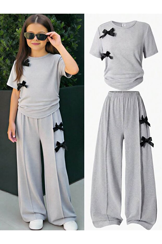 Gray Stitching Detailed Ribbon Cotton T-Shirt Set