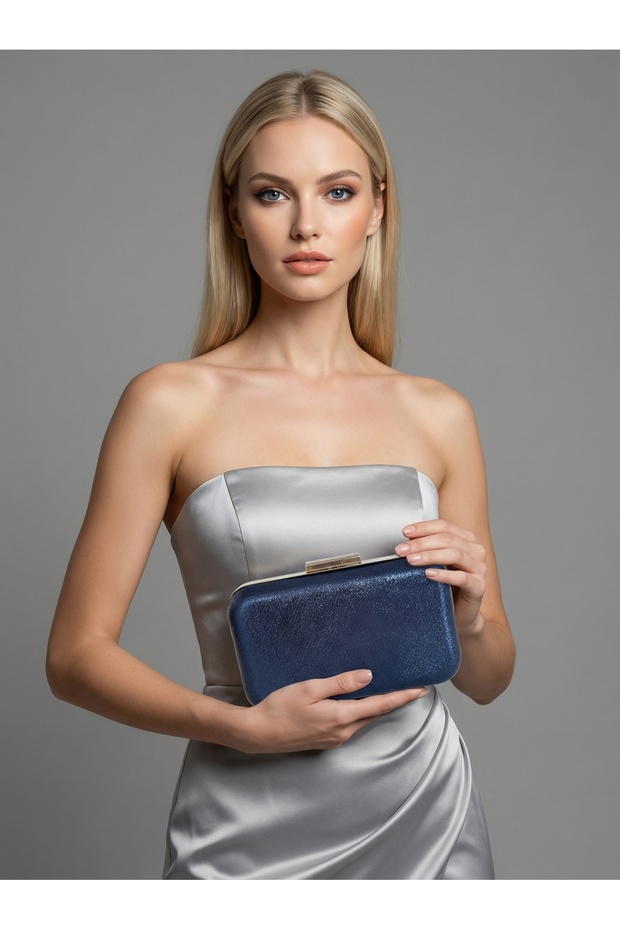 Navy Blue Color Imported Shiny Fabric Metal Case Chain Strap Women's Evening Dress Bag Wedding Engagement Graduation Prom