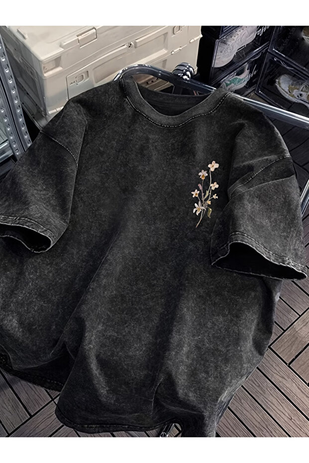 Smoked Washed T-Shirt - Denim Textured Retro Design Loose Top