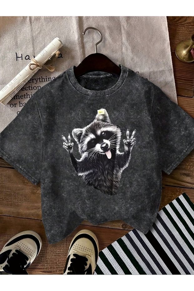 Smoked Washed T-Shirt - Denim Textured Retro Design Loose Top
