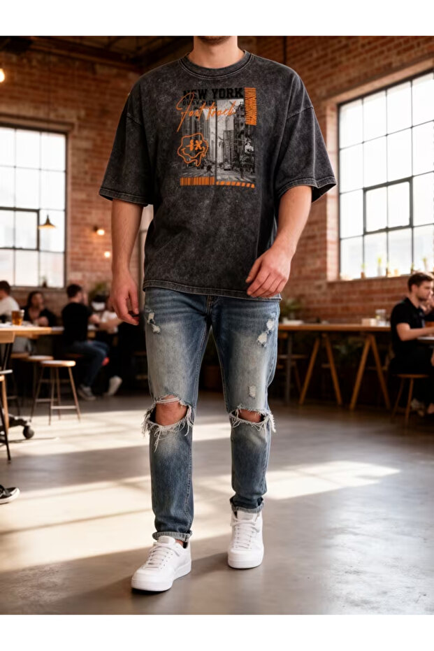 Smoked Washed T-Shirt - Denim Textured Retro Design Loose Top