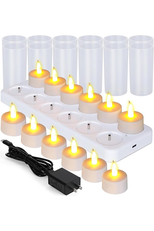 Esup Rechargeable Candles Flameless Flickering Candles Tealights Set, 12 Pieces - White