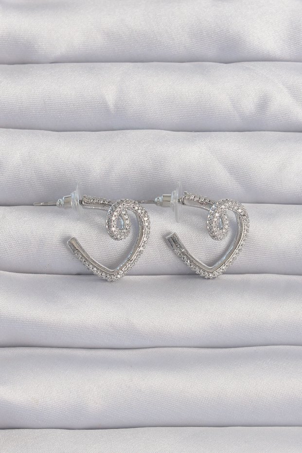 Stylish Brass Silver Color Zircon Stone Curved Half Heart Earrings Teachers Mothers Valentine's Day Gift