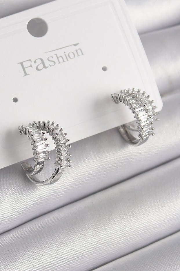 Stylish Brass Silver Color 2-Piece Zircon Stone Hoop Model Women's Earrings Teachers Mothers Valentine's Day Gift