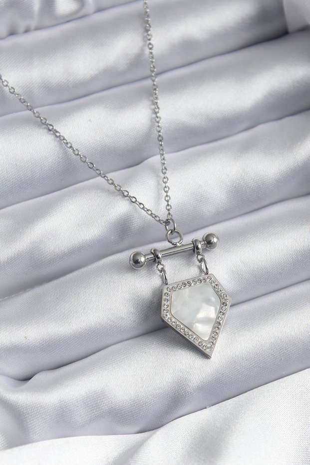 Stylish 316L Steel Silver Color Zircon Stone Detail Women's Necklace Teachers Mothers Valentine's Day Gift