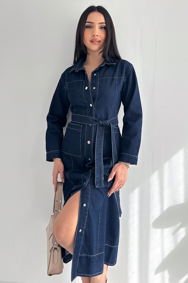 Women's Denim Shirt Dress – Belted Button Detail Midi Dress