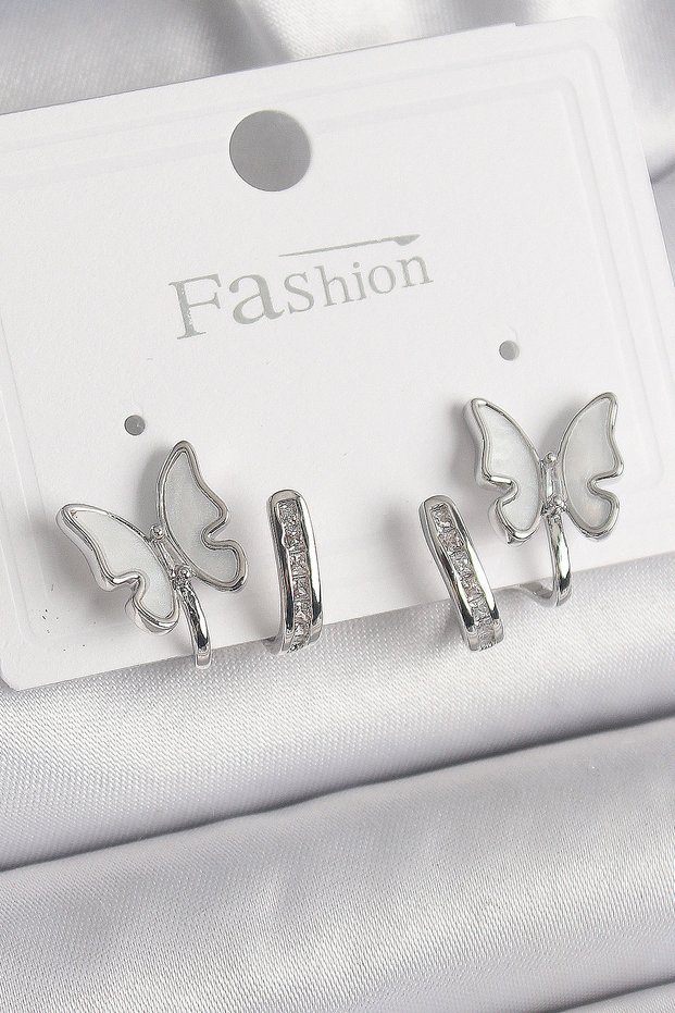 Stylish Brass Silver Color Zircon Stone Detailed White Pearlescent Butterfly Model Women's Earrings Teachers Mothers Se