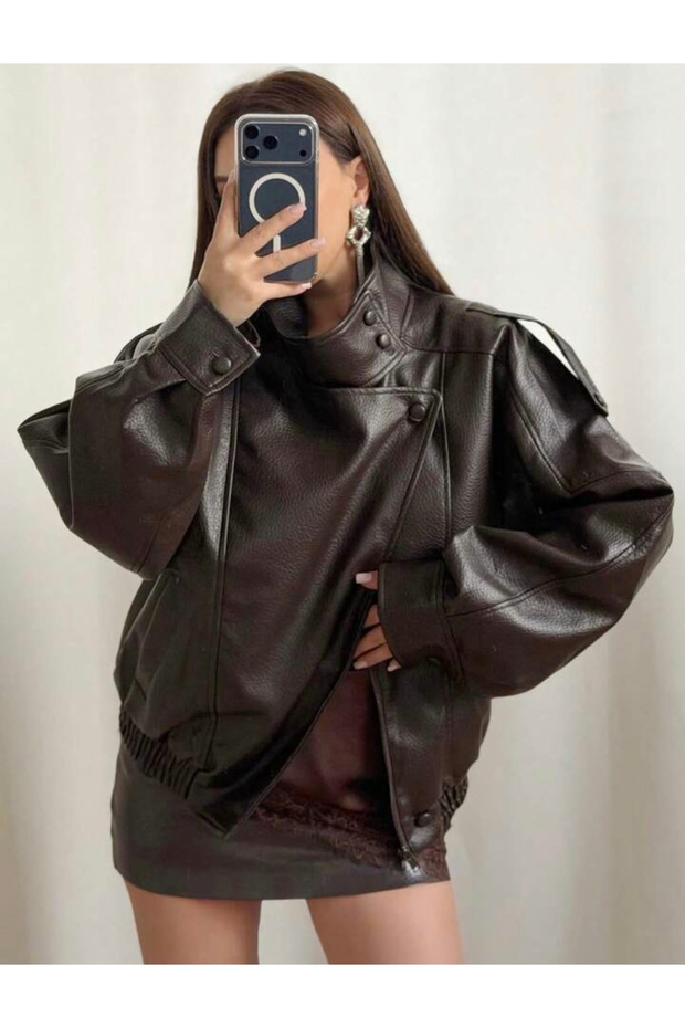 Viral Oversized Women's Leather Jacket High Collar Black Urban Style Women's Leather Jacket