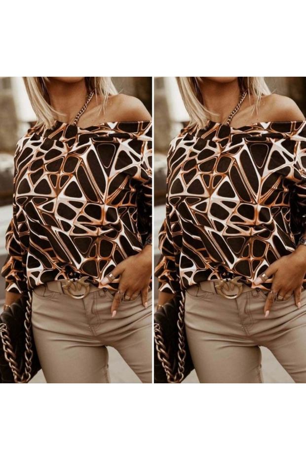 Modig Women's Long Sleeve V-Neck Off Shoulder Geometric Pattern Ruffled Diver Blouse