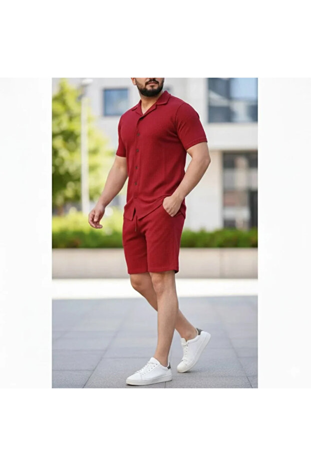 Waffle Fabric Men's Comfortable Use Claret Red Short Sleeve Shirt Regular Fit Summer Double Set Shorts Set