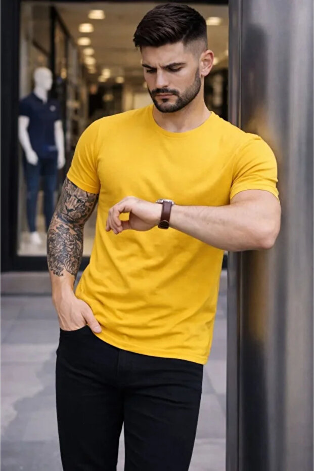 Men's Yellow Crew Neck Slim Fit Lycra Casual Basic Body T-Shirt
