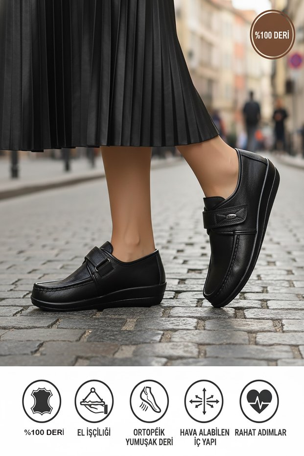 Black Color Women's Flat Shoes, Orthopedic, Soft, Medical Genuine Leather, Candy Shoes, Mother's Shoes