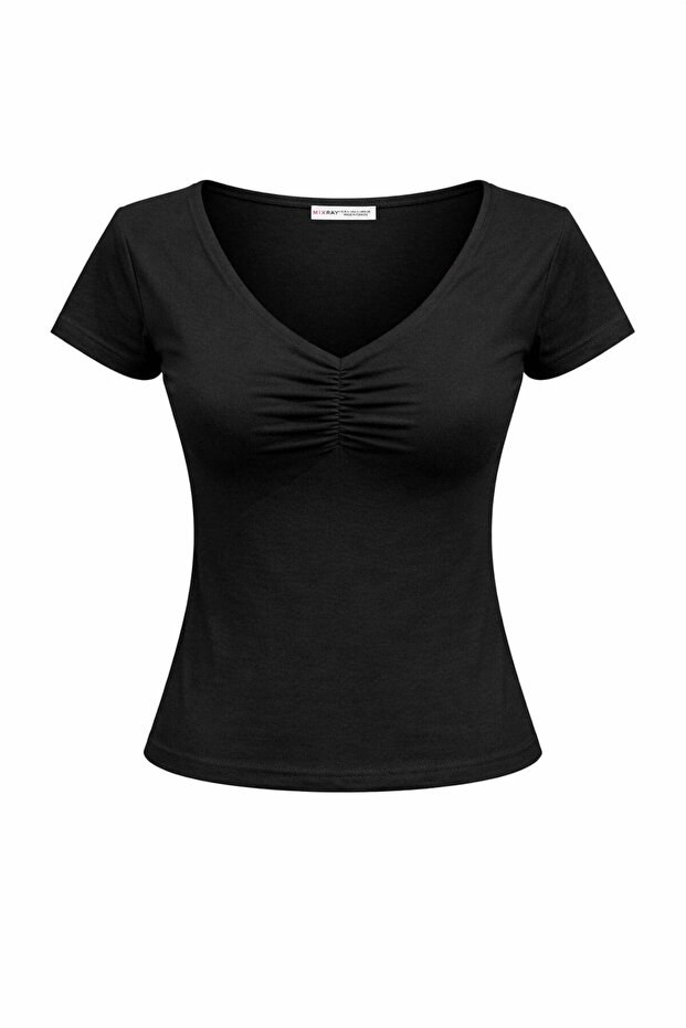 2080 Women's V-Neck Gathered Detailed Short Sleeve Basic T-Shirt Black