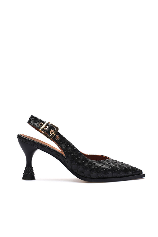 Women's Black Knitted Patterned Pointed Toe Buckle Heeled Shoes Special Design Heel Daily & Office
