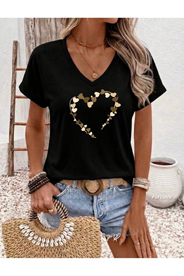 Hearts to Heart Printed Women's Oversized V-Neck T-Shirt