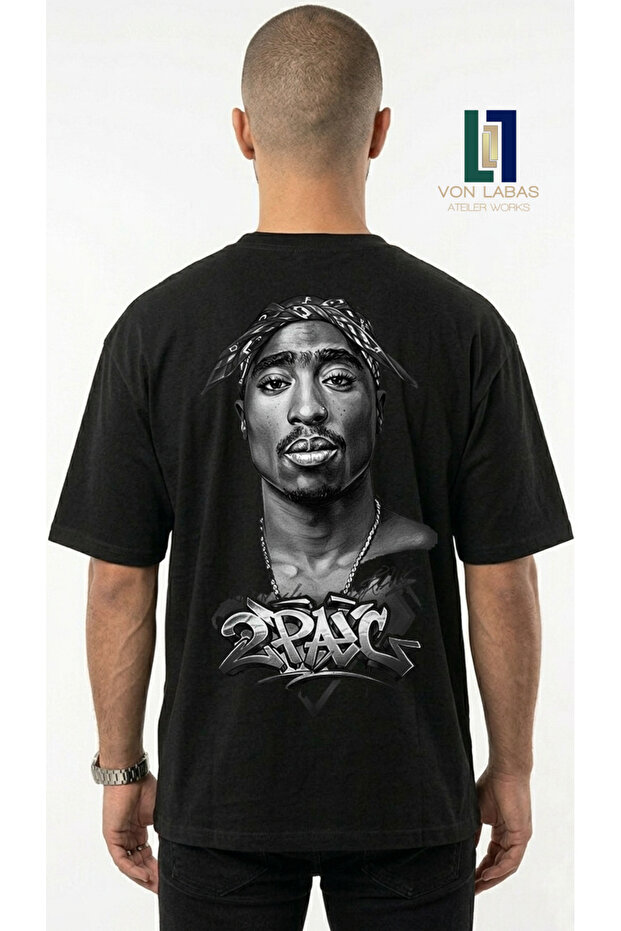 Black Oversized Unisex Tupac Graphic Printed Cotton Streetwear T-Shirt