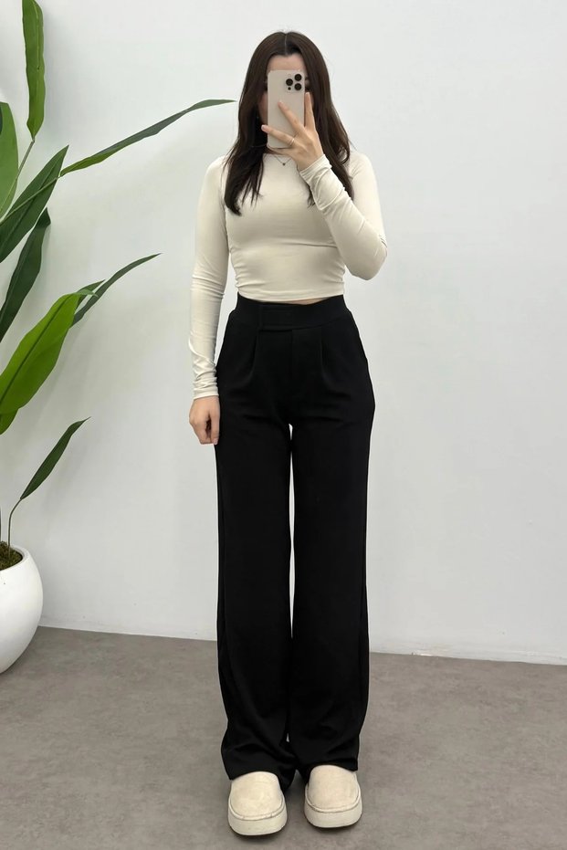 Women's Black High Waist Palazzo Pants with Wide Legs and Velcro Detail