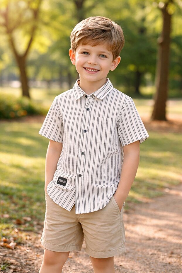 Boy's Short Sleeve Striped Waffle Shirt