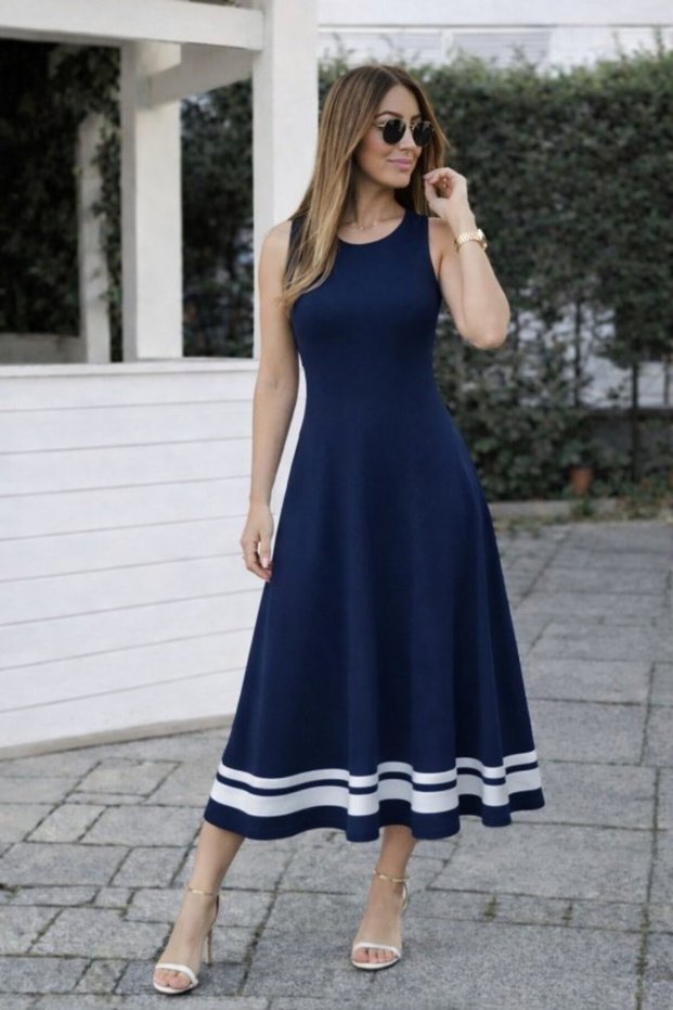 Women's Strappy Round Neck Long Viscose Dress with Stripe Detail at the Hem