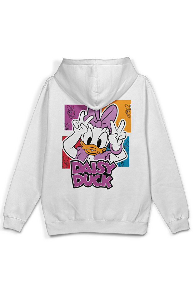 Women's Semi-Oversize Hooded Sweatshirt with Duck Back Print White Hoodie 1233