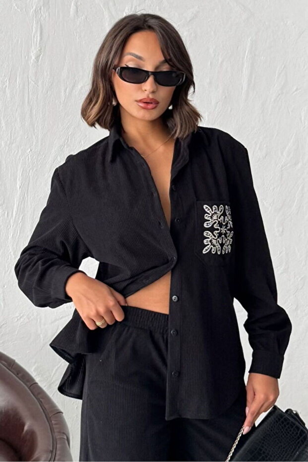 Pocket Embroidered Corduroy Shirt Black | F1997 - Black